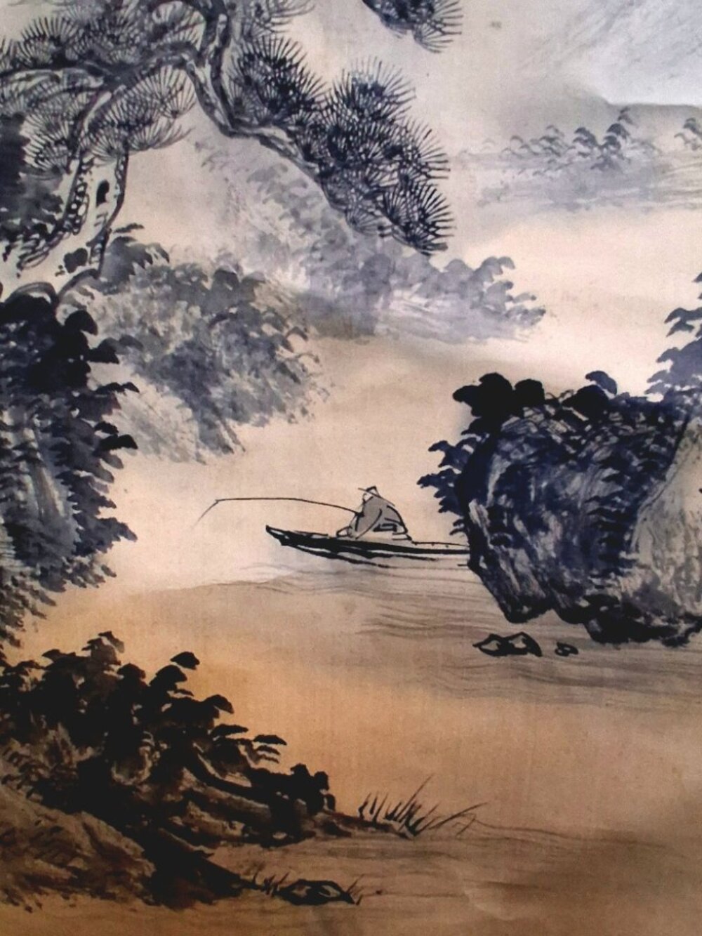 Vintage Japanese Ink Landscape Hanging Scroll (Kakejiku) w/ Original Wooden Box